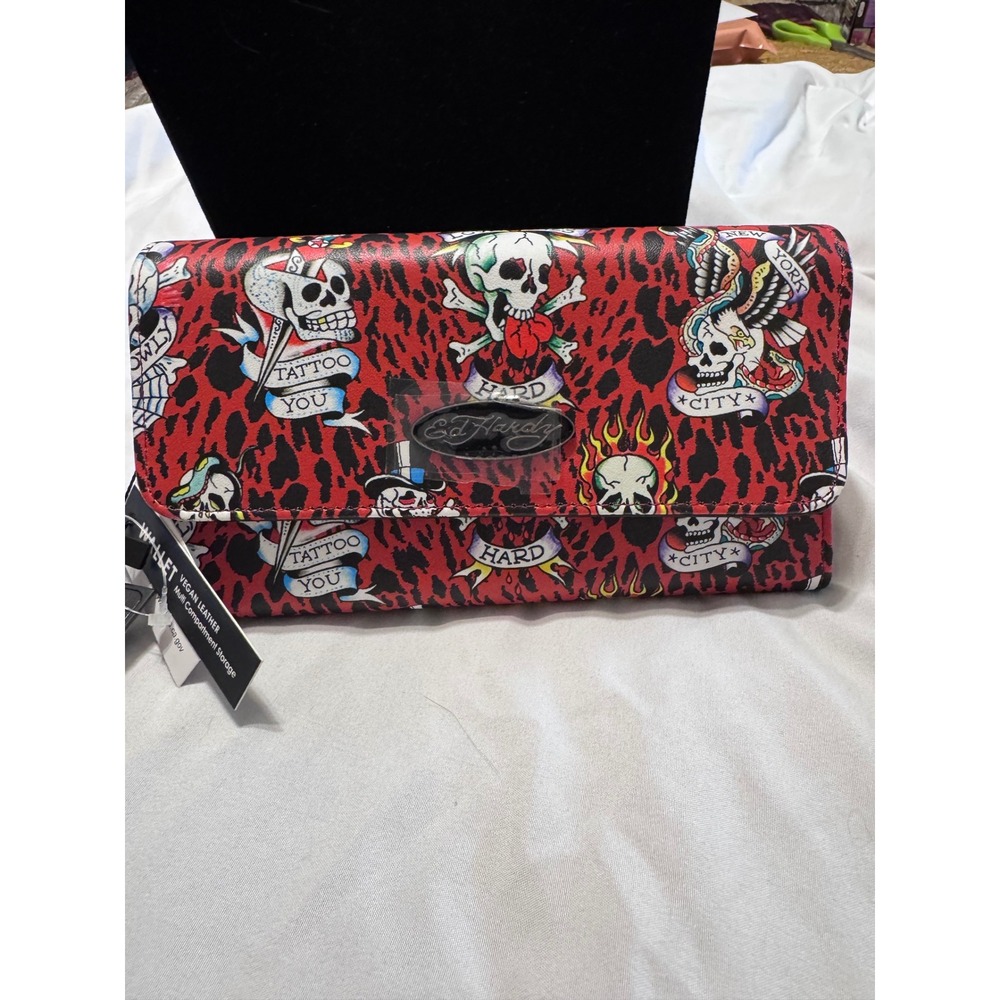 Ed Hardy Red Leopard Tattoo Print Vegan Leather Tri-Fold Wallet NWT